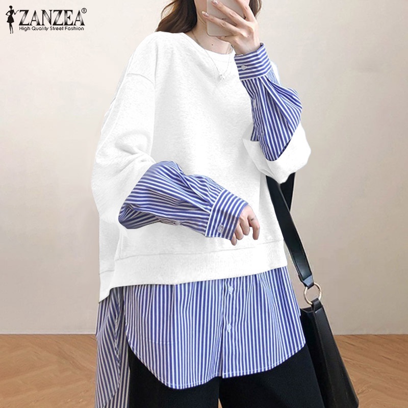 Áo kiểu ZANZEA cổ tròn tay dài giả hai lớp họa tiết kẻ sọc phối màu cài nút thời trang cho nữ
