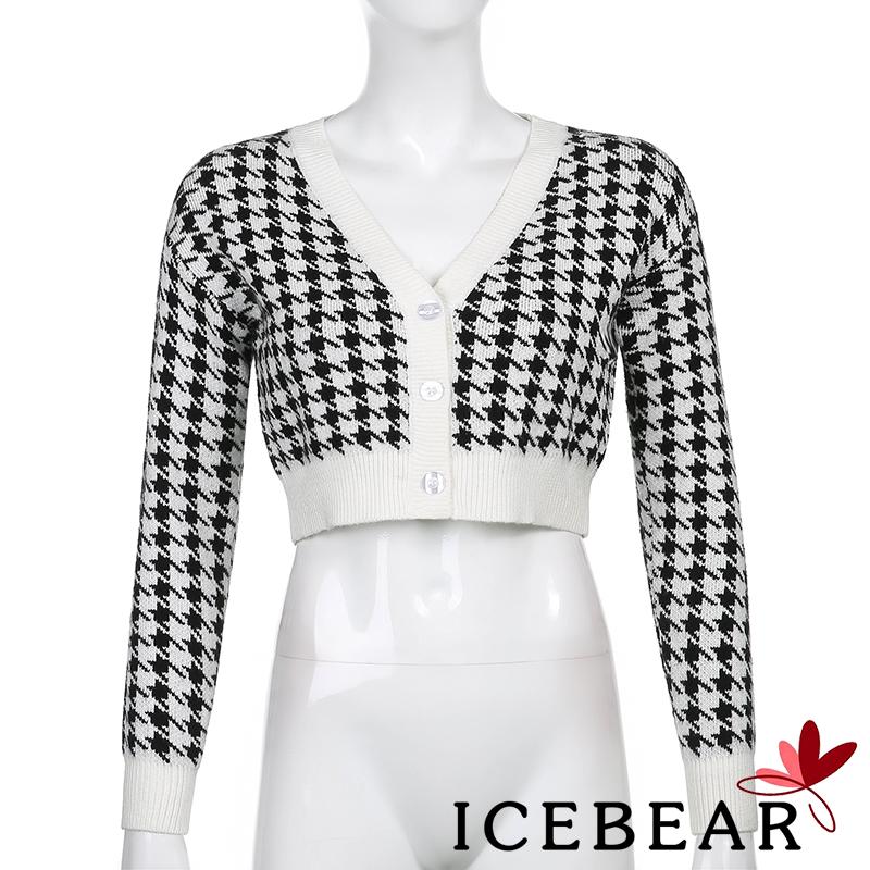 Áo Khoác Dệt Kim Tay Dài Cổ Chữ V In Họa Tiết Houndstooth Thời Trang Mùa Thu