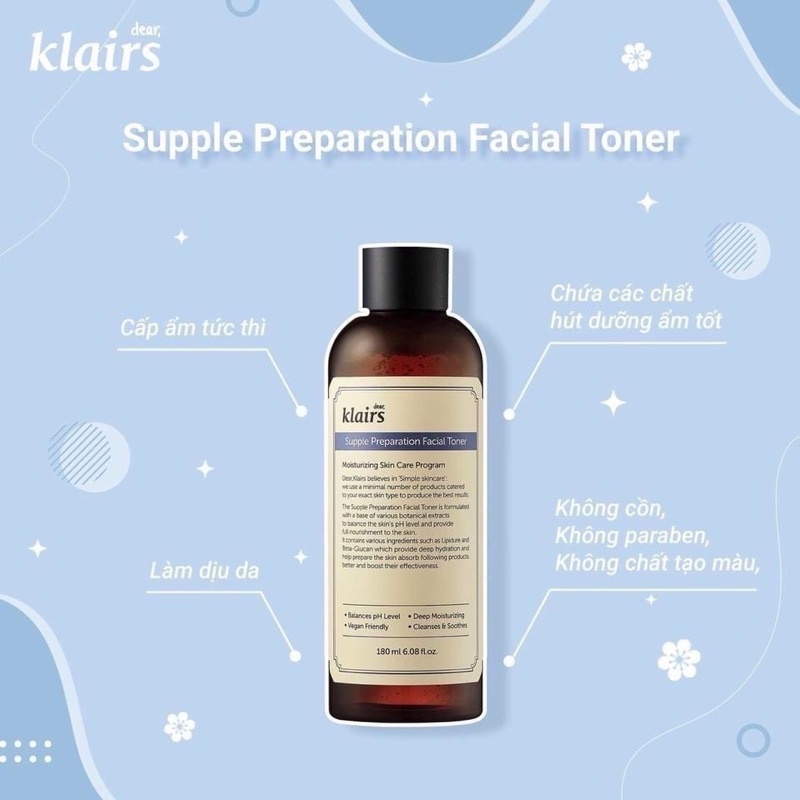 Nước hoa hồng Dưỡng Ẩm Da Không Mùi Klairs Supple Preparation Unscented Toner 180ml