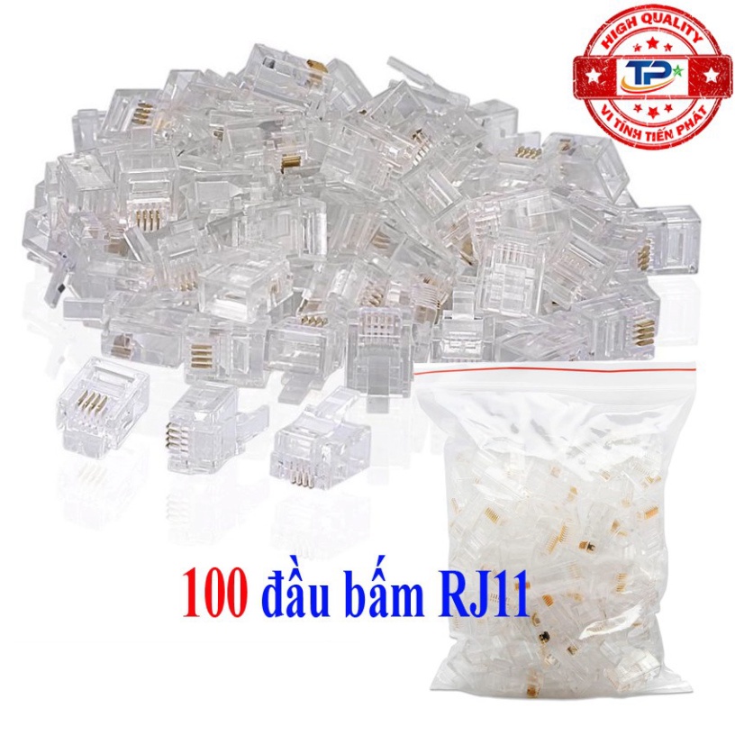 Hộp 100 đầu cáp điện thoại RJ11 nhựa 4 chân  - Dùng hạt bấm cho dây cáp điện thoại bàn