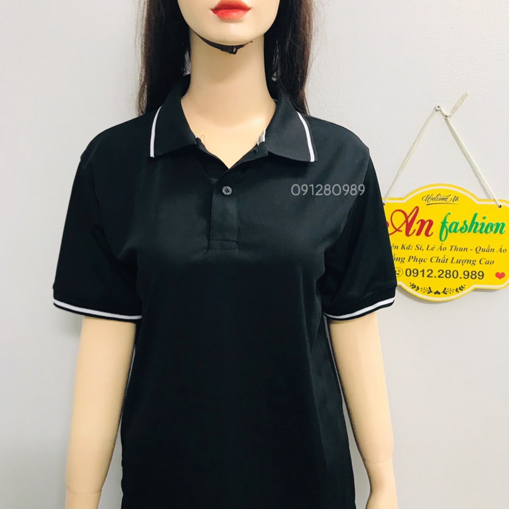 Áo Thun có cổ nam nữ vải thun cá sấu mè màu đen _ Hình chụp thật