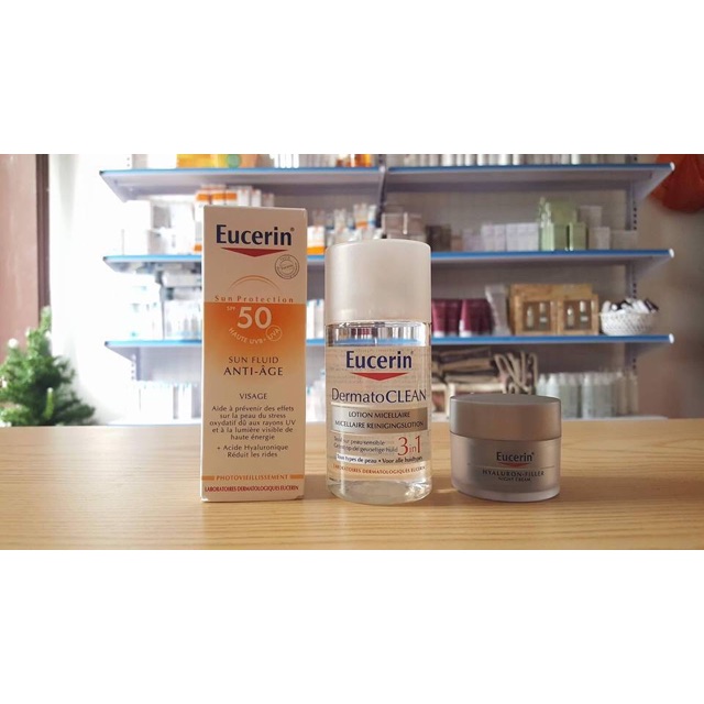 Bộ sản phẩm gồm 01 kem chống nắng Eucerin, 01 tẩy trang Eucerin, 01 kem dưỡng đêm chống lão hoá Eucerin