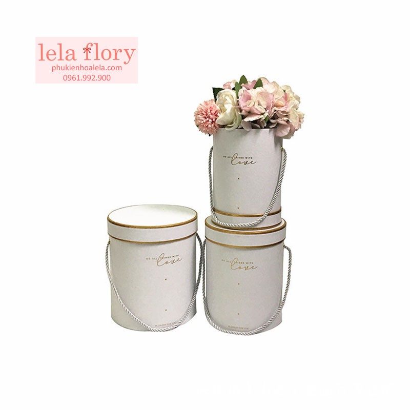 Bộ 3 chiếc hộp trụ tròn có nắp kèm quai LOVE cắm hoa - THH0046