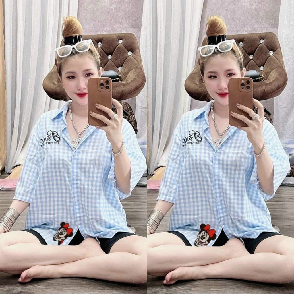 [ Miễn Phí Ship 2022 ] Set bộ caro thêu, set bộ hai món áo sơmi quần ôm sát