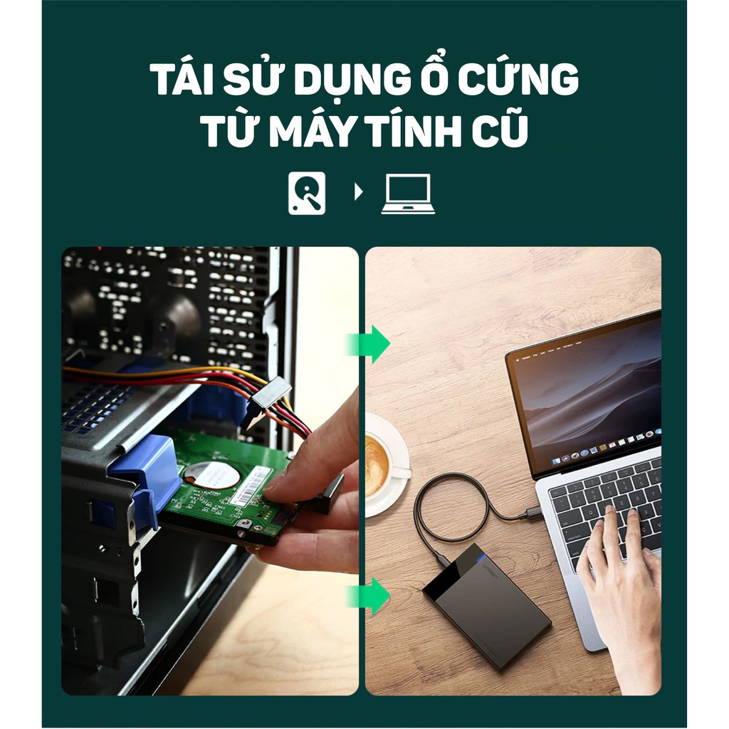 Hộp đựng ổ cứng 2.5 inch SSD, HDD hỗ trợ 6TB,chuẩn SATA UGREEN US221 vỏ nhựa ABS - Hàng phân phối chính hãng