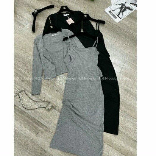 Set váy body hai dây và áo khoác Cadigan - đầm body dáng dài kèm áo ngoài A86