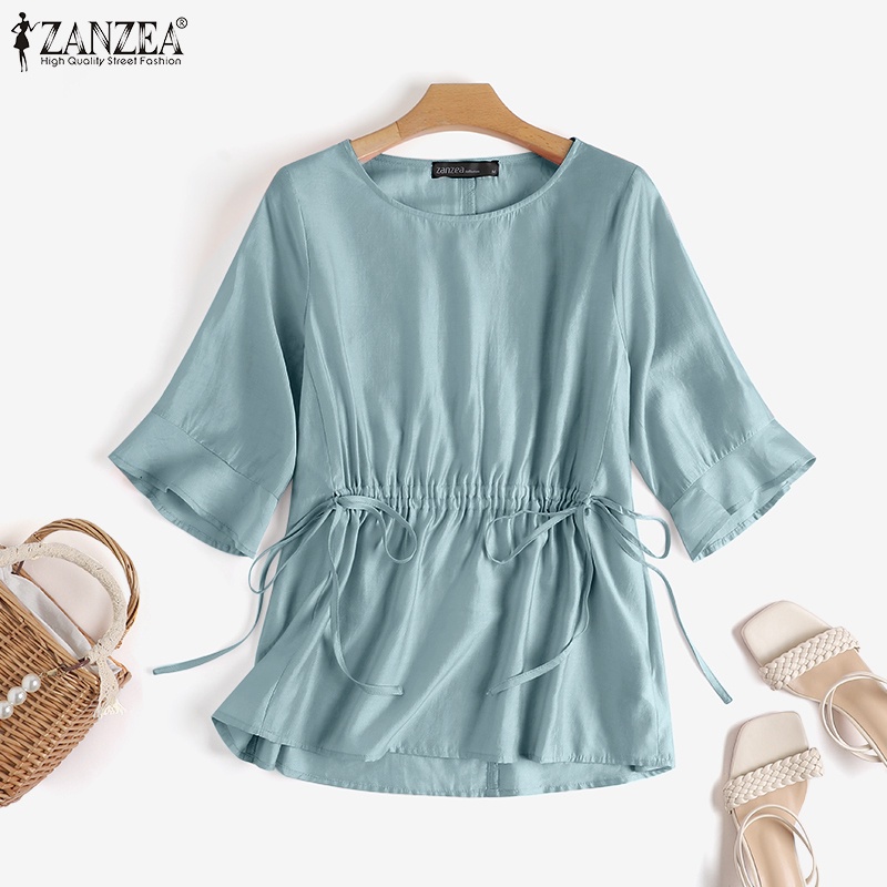 Áo kiểu ZANZEA thiết kế cổ tròn dáng rộng tay lửng phối dây rút thời trang cho nữ