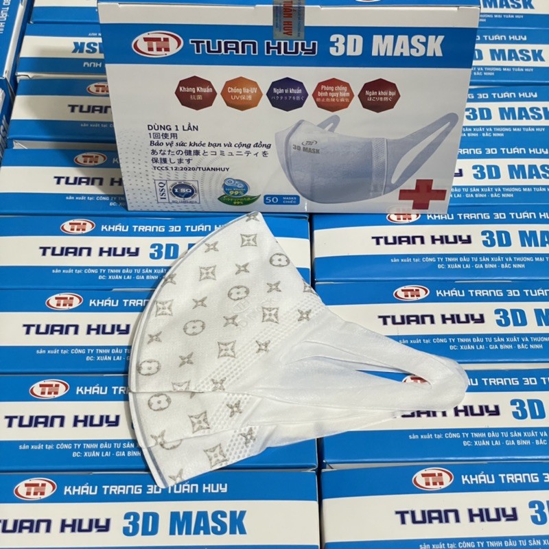 Khẩu trang 3D Mask LV hoa hộp 50 cái có logo tem niêm phong, đạt tiêu chuẩn ISO khẩu trang y tế