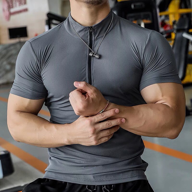 Áo Thể Thao Nam Cộc Tay Chuyên Tập Gym & Chạy Bộ - Hàng Siêu Cấp, Áo cổ trụ kéo khóa, co dãn 4 chiều, thun lạnh mã GS02