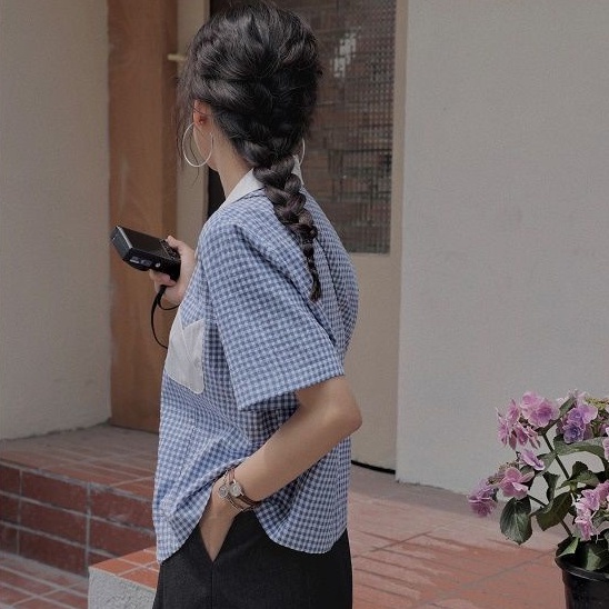 Áo sơ mi IELGY ngắn tay họa tiết sọc caro màu xanh dương phong cách Hàn Quốc cổ điển thời trang cho nữ