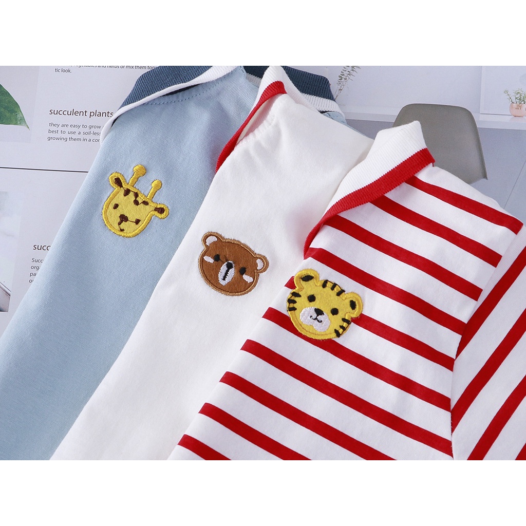 Áo polo cho bé áo thêu ngực hình thú trơn kẻ hàng Quảng Châu cao cấp chất cotton mềm mịn