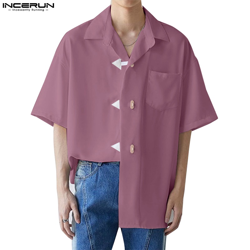 Áo sơ mi INCERUN ngắn tay phối nút lớn thời trang mùa hè dành cho nam