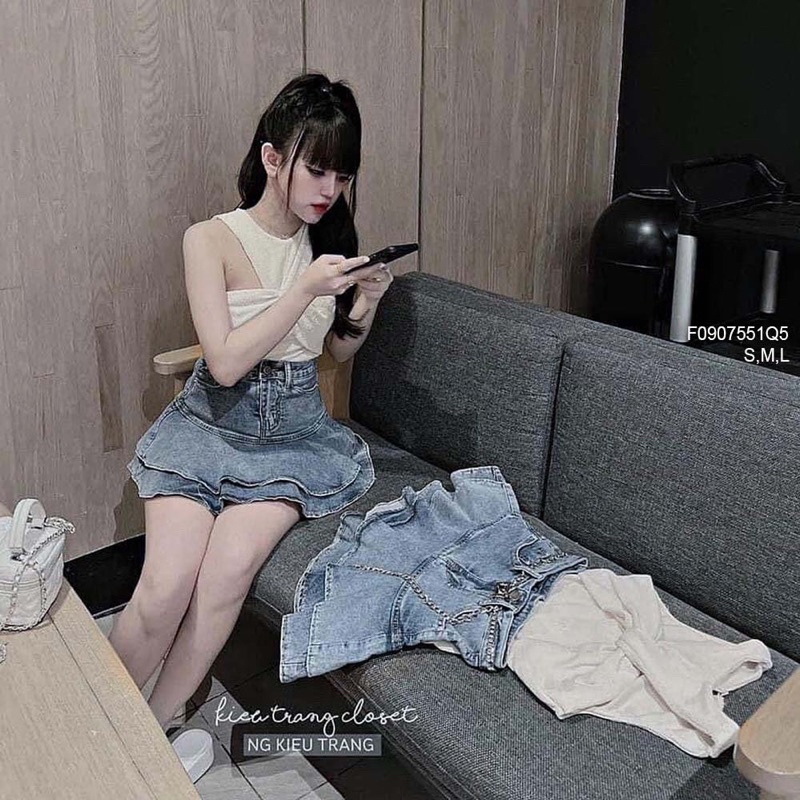 Về sll  🌺 Chân váy jean ngắn xòe tầng lưng cao! HÀNG VNX