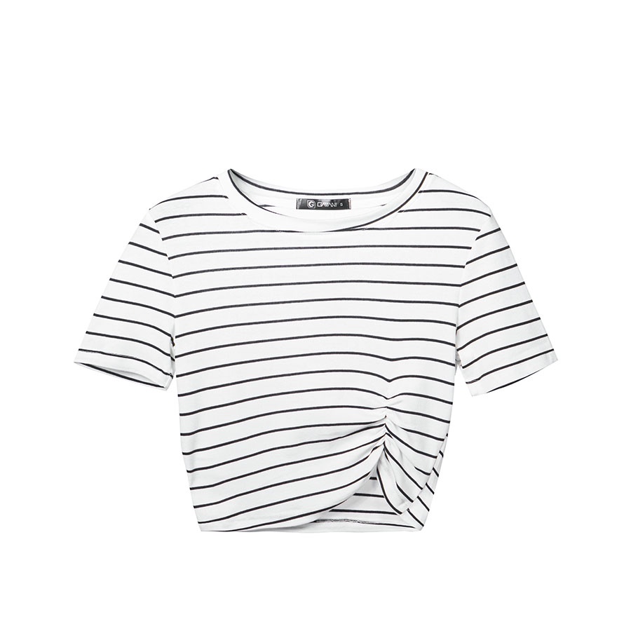 Áo thun nữ croptop cổ tròn ôm, tay ngắn và nhún thun lai áo_Gavani_STRIPE COLOUR 3
