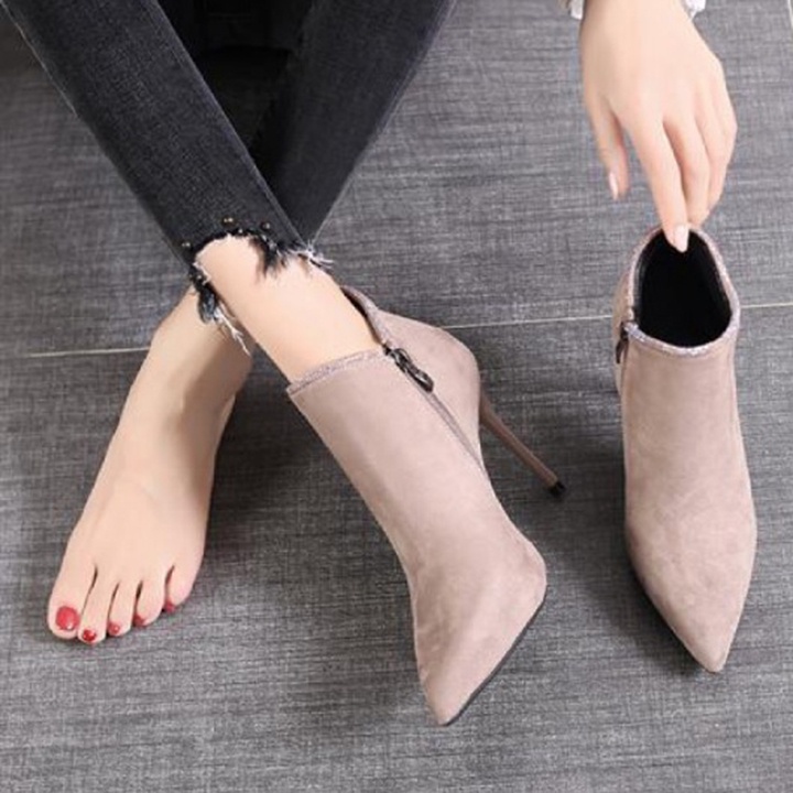 Giày boot cao gót da lộn 8 phân cổ viền pha lê ôm chân sang trọng S099