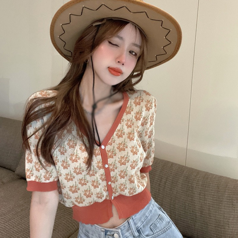 Áo Cardigan Dệt Kim Tay Ngắn Cổ Chữ V In Họa Tiết Nhiều Màu Sắc Phong Cách Retro Thời Trang Mùa Hè