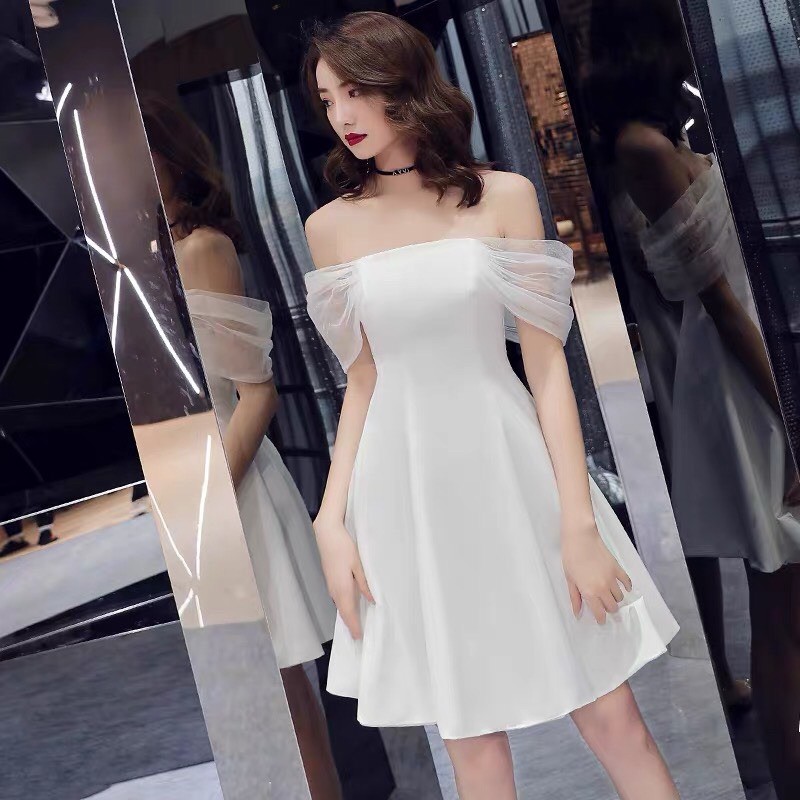 Váy Trắng Thiết Kế, Đầm Trắng Dự Tiệc, Dáng Bệt Vai
