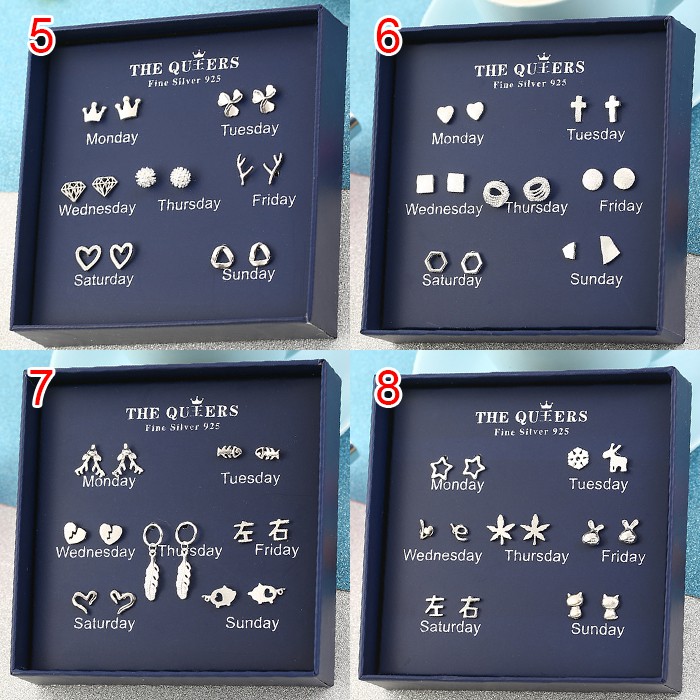 7 đôi Bông tai đinh tán bạc 925 bông tai anting nữ đinh tán Bộ trang sức hộp