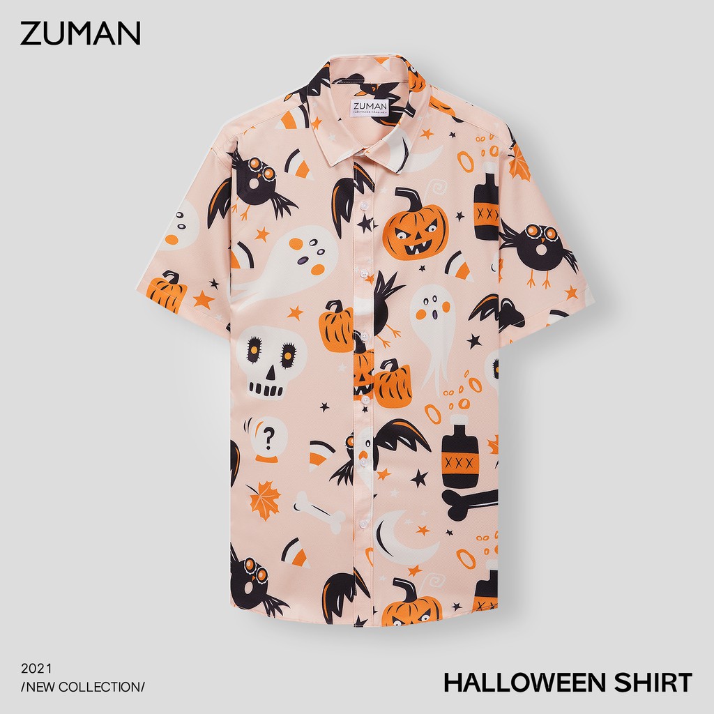 [Mã FAMALLT5 giảm 15% đơn 150K] Áo sơ mi nam ngắn tay vải lụa thiết kế hoạ tiết halloween hoạt hình - ZUMAN - ASM82