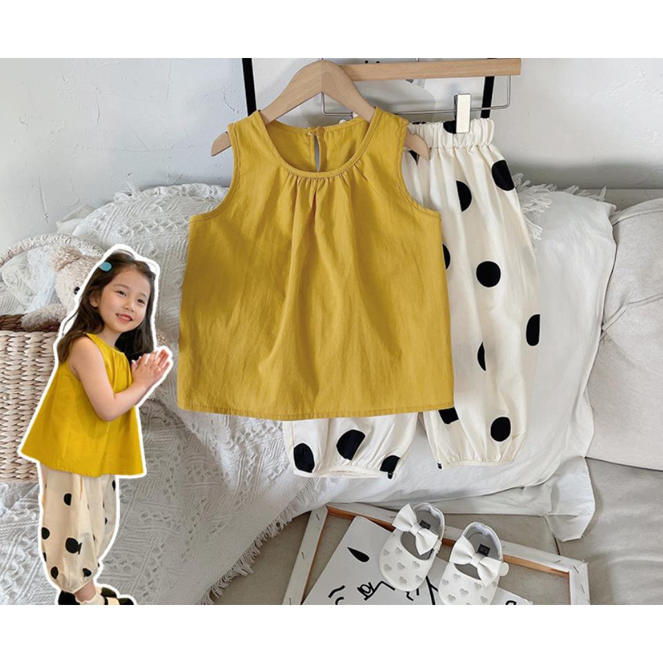 Set Áo Thun Sát Nách Và Quần Chấm Bi Phong Cách Hàn Quốc Cho Bé Gái