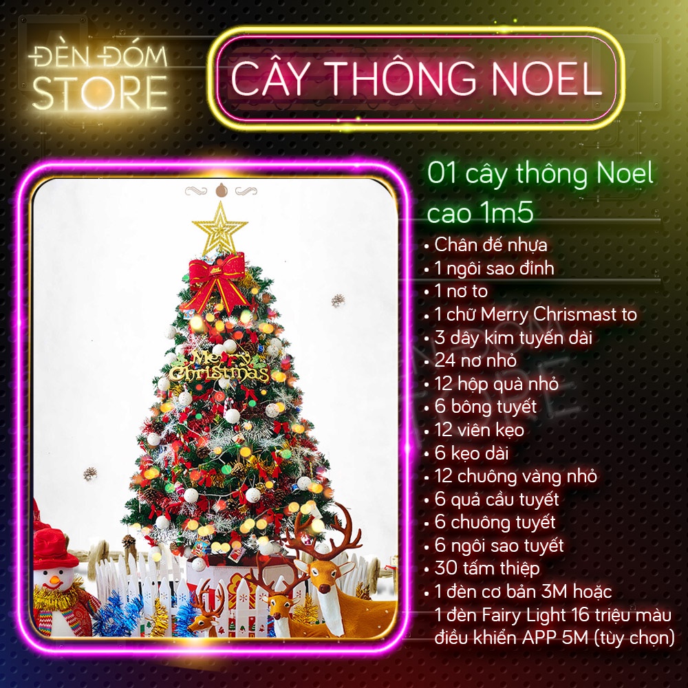 Cây thông Noel 1M5 đầy đủ 128 phụ kiện trang trí kèm đèn fairy light 16 triệu màu điều khiển APP điện thoại