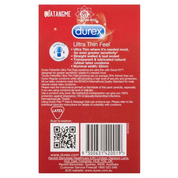 Bao cao su siêu mỏng Durex Fetherlite Ultra Thin Feel Condoms Extra Sensitive Của Úc Hộp 30 Cái