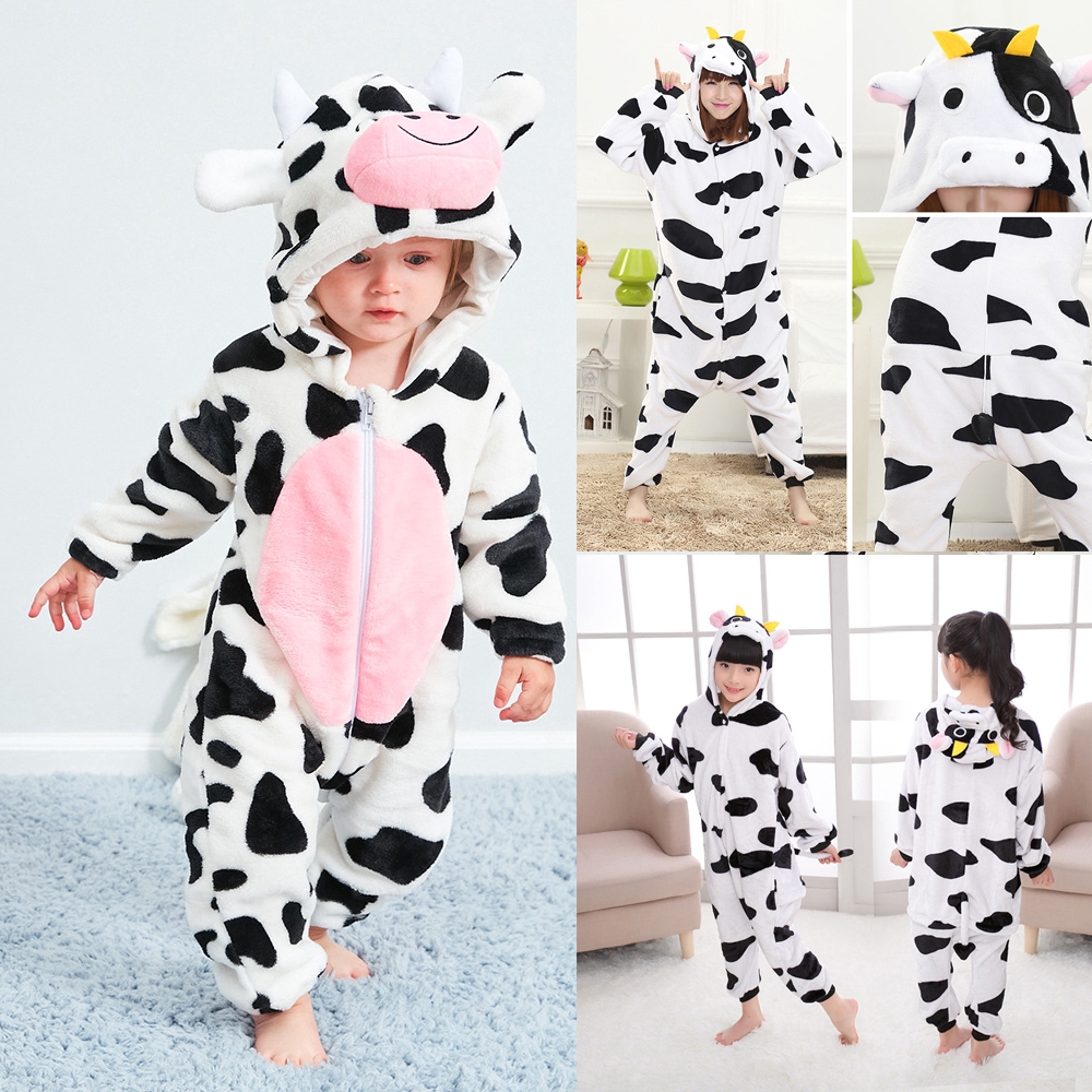 Bộ Đồ Ngủ Vải Flannel Họa Tiết Bò Sữa Đáng Yêu Cho Mẹ Và Bé