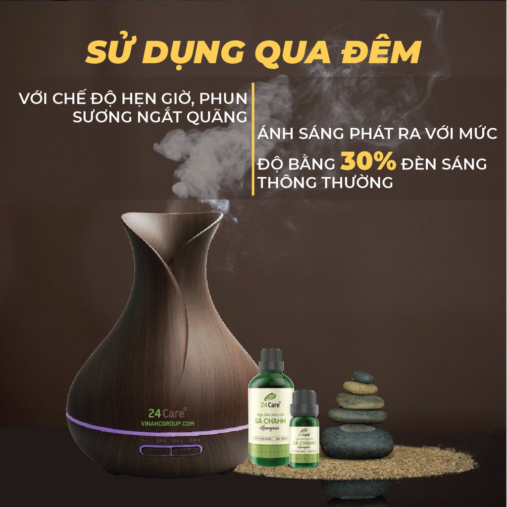 Máy khuếch tán tinh dầu 24care hình Tulip màu đen dung tích 500ml có đèn 7 màu thay thế đèn ngủ