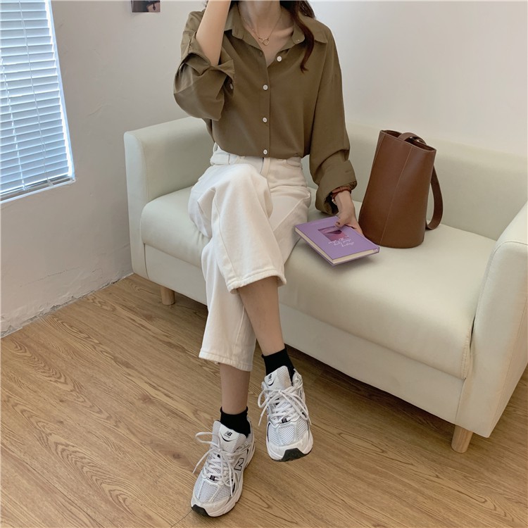 Áo sơ mi trơn nữ Dài tay Form rộng Ulzzang Hàn Quốc Áo sơ mi nữ Tay dài Công sở Thời trang | BigBuy360 - bigbuy360.vn