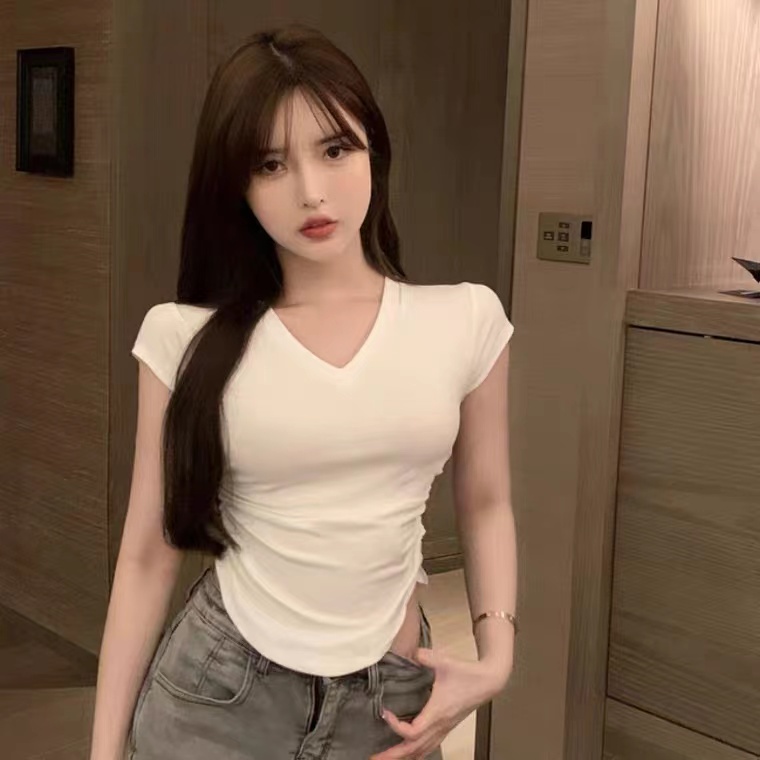 【WANG JIAO ZHAN】 Áo croptop thun tay ngắn cổ chữ V màu trơn đơn giản thời trang cho nữ【9901】