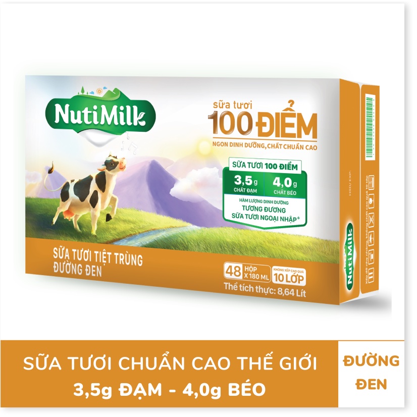 Lốc 4 Hộp NutiMilk Sữa tươi 100 điểm - Sữa tươi tiệt trùng đường đen 180ml L4.STDD180CRN - Thương Hiệu NUTIFOOD -AZKids