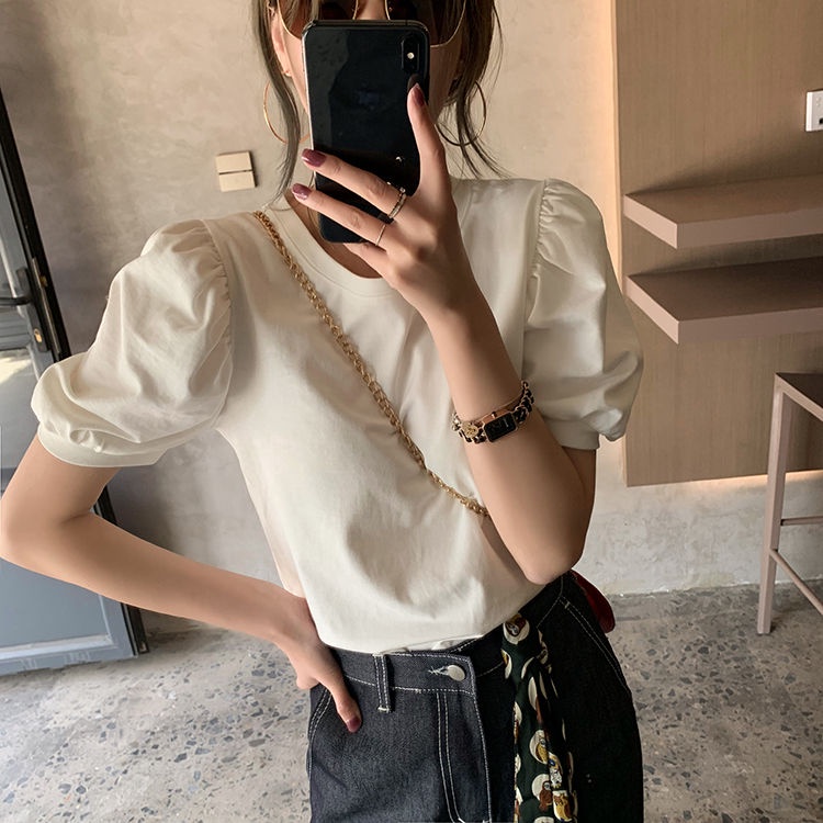 Áo thun cotton tay ngắn phồng cổ tròn màu trắng thời trang dành cho nữ