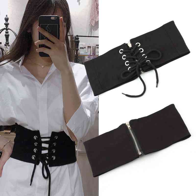 Thắt lưng bản rộng co giãn màu đen thời trang cho nữ