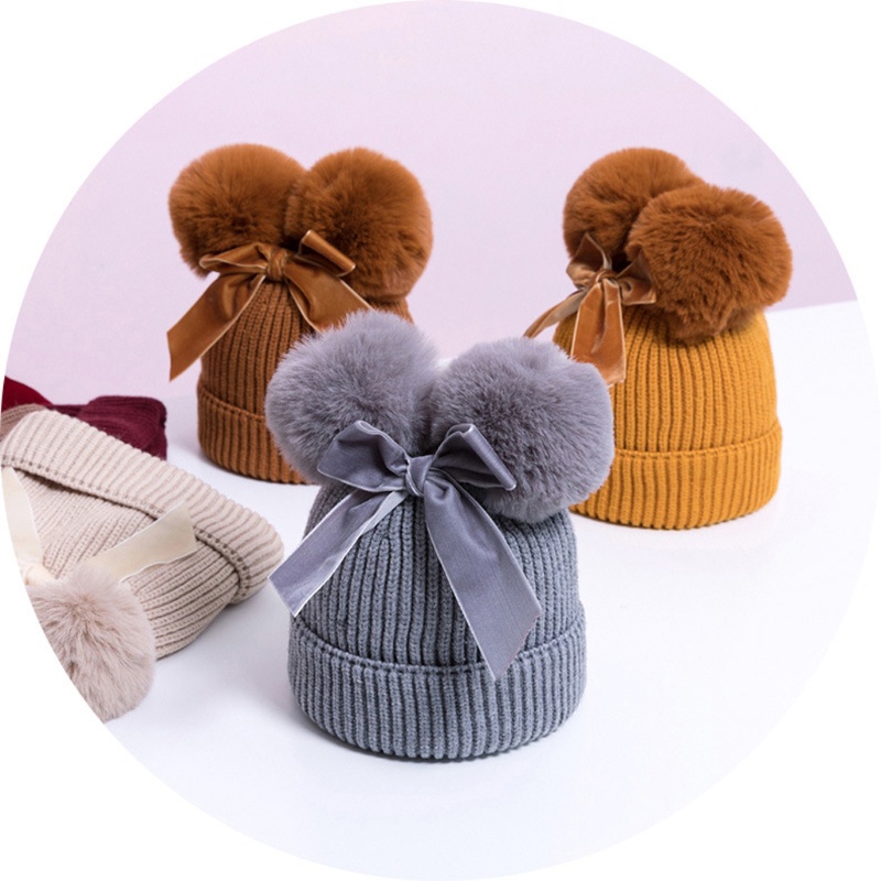 Mũ Beanie Dệt Kim Dày Hai Lớp Trang Trí Bóng Lông Cho Bé Gái Sơ Sinh