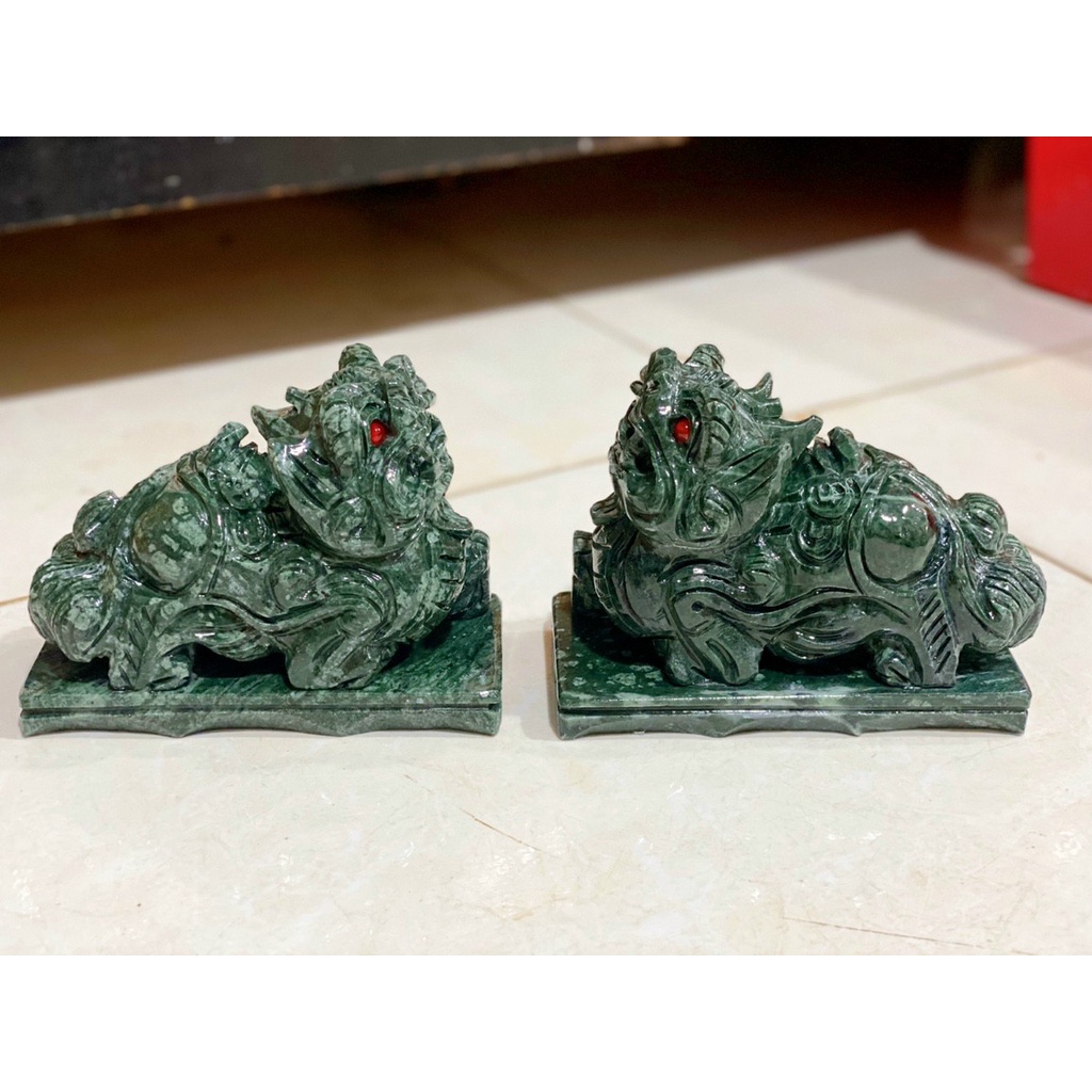Tỳ Hưu Phong Thủy , Cặp Tỳ Hưu Đá Trắng, Đá Vân Gỗ , Đá Serpentine Tự Nhiên 100% -  Dài 15cm