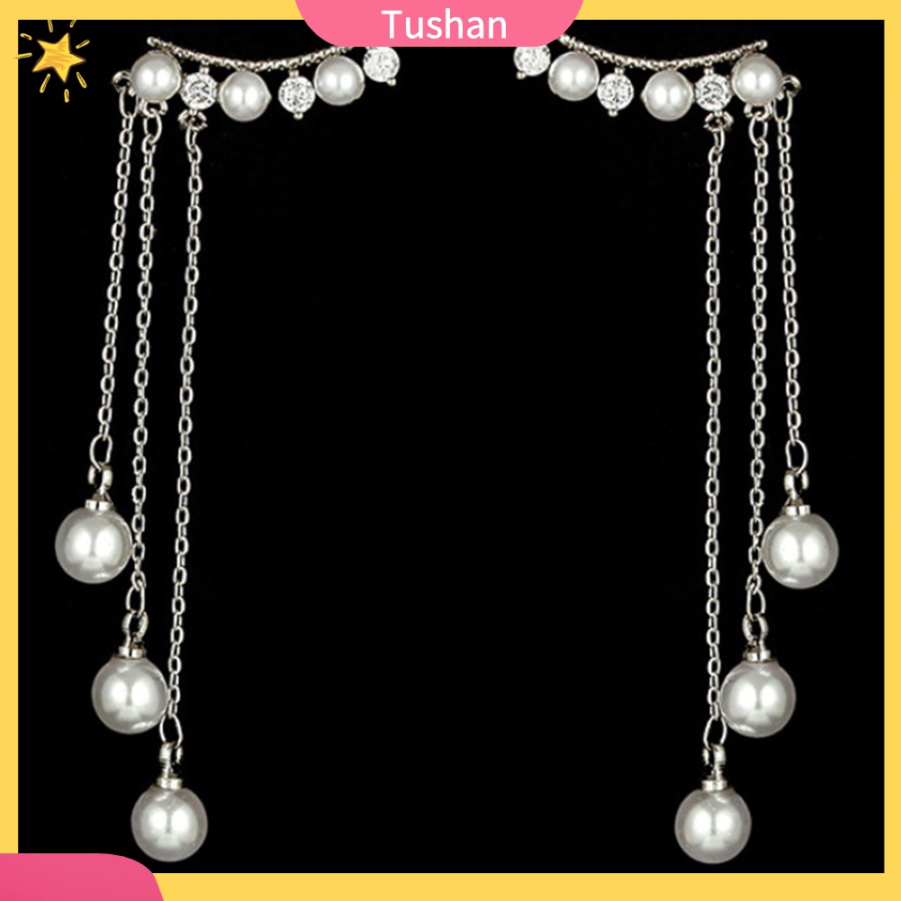TUSH Women Faux Pearls Inlaid Chain Tassel Dangle Ear Jackets Earrings Jewelry Gift