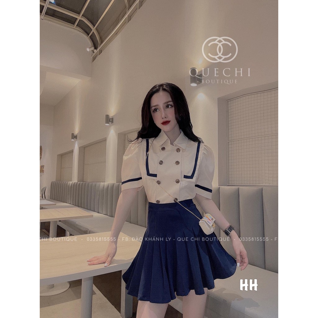 Set Áo Thủy Thủ Cổ Thuyền Viền Mí Mix Chân Váy Xếp Li Xanh | BigBuy360 - bigbuy360.vn