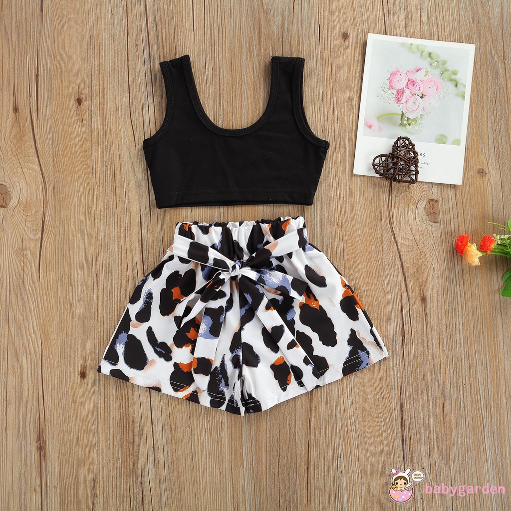 Đồ Bộ Gồm 2 Món Áo Thun Không Tay Màu Đen + Quần Short Họa Tiết Da Báo Cho Bé Gái