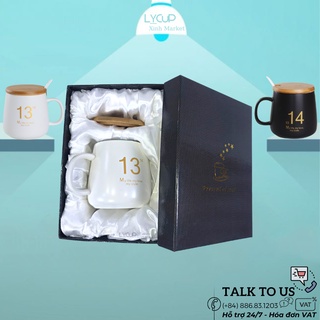 Ly sứ 13 TRẮNG 14 ĐEN - KHẮC TÊN THEO YÊU CẦU ý nghĩa, ly sứ CÓ NẮP & THÌA, dung tích 400ml, HÔP QUÀ TẶNG in logo