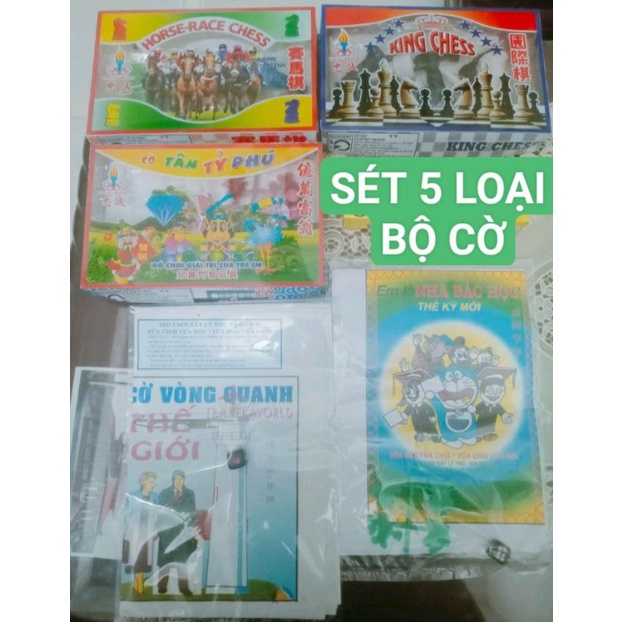 Set 5 bộ cờ gồm Cờ tỷ phú +Cờ vua + Cờ đua ngựa +Cờ bác học +Cờ Vòng quanh thế giới