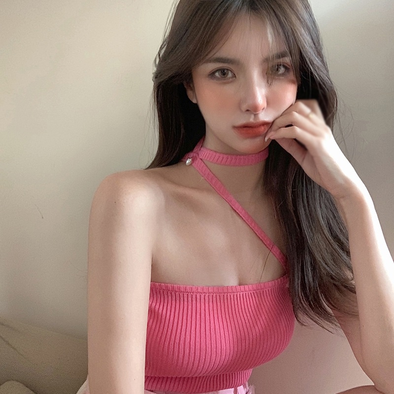 Áo croptop dệt kim màu sắc đơn giản phong cách Hàn Quốc cho nữ