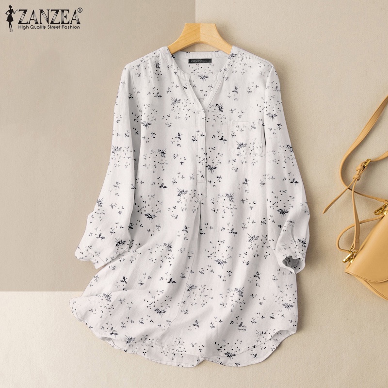 ZANZEA Áo Sơ Mi Tay Dài Cổ Chữ V In Họa Tiết Vintage Thời Trang Cho Nữ