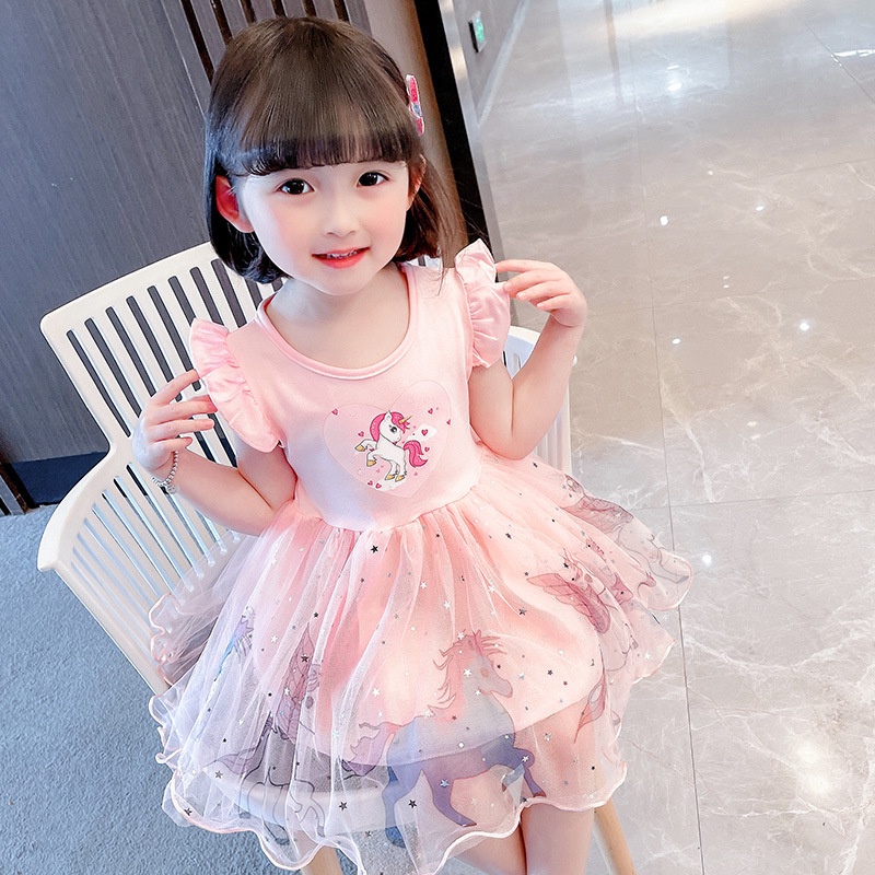 Đầm Công Chúa Tay Ngắn Phồng Bằng Vải bông In Hình Kỳ Lân Thời Trang Dành Cho Bé Gái 1-9 Tuổi