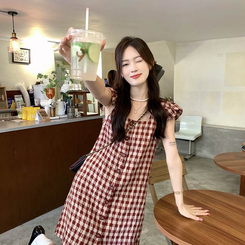 Đầm voan ngắn tay họa tiết ca rô xinh xắn đáng yêu hợp thời trang dành cho nữ