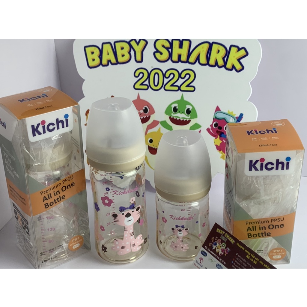 Bình sữa cổ rộng CẢM BIẾN NHIỆT PPSU cho bé kèm núm ti siêu mềm KICHILACHI chính hãng hình thỏ, hổ 170/270ml