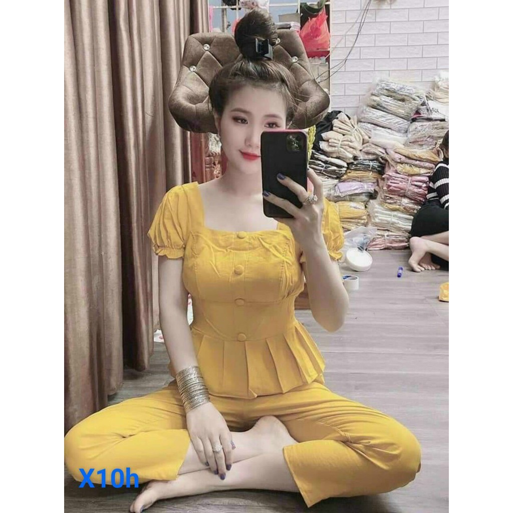 [ Mã FAMAYWA2 giảm 10K đơn 50K] sét đồ bộ áo tay ngắn kiểu xòe đính nút cổ vuông