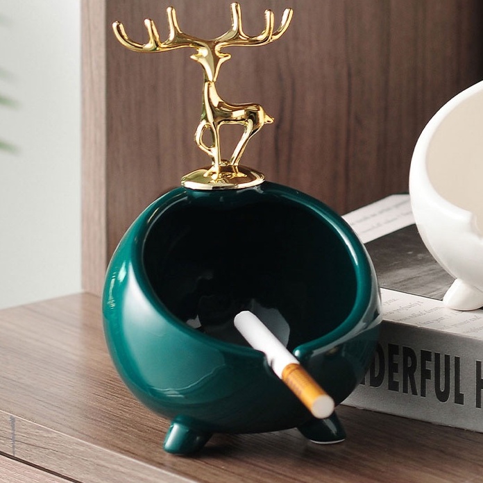 Gạt Tàn Thuốc Sứ màu xanh đậm Hươu Vàng sang trọng