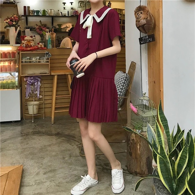 Bigsize M-4XL Đầm cổ viền ren phối nơ, chân xếp li siêu xinh 2019 ullzang
