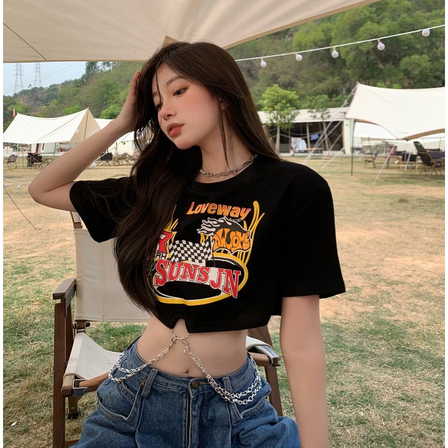 Áo Thun Lửng Instagram Quyến Rũ Dễ Phối Đồ Cho Nữ Áo Thun Tay Ngắn Màu Đen Thời Trang Cho Nữ