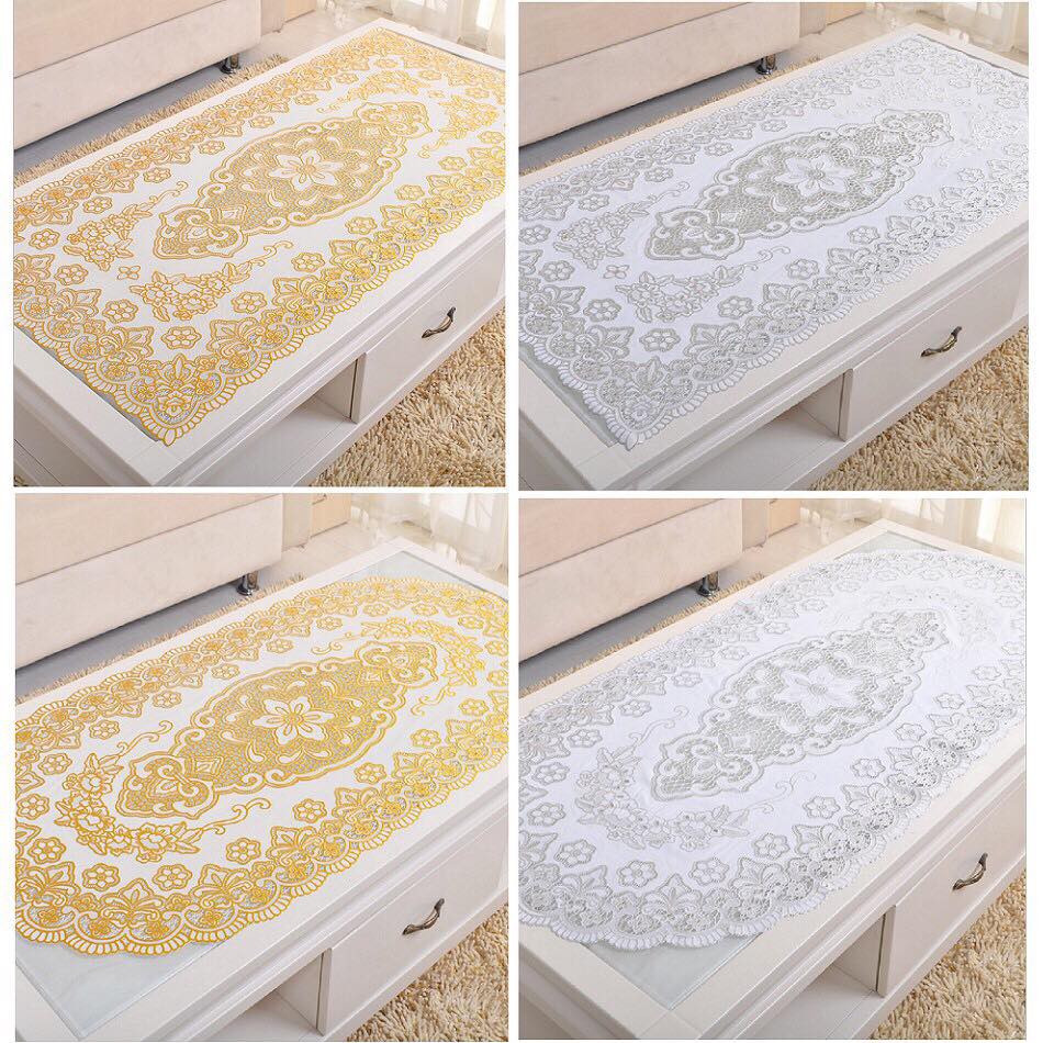 Khăn trải bàn hình oval dùng cho bàn mặt kính hoa văn nổi 3D sang trọng cỡ lớn 60x120cm (màu vàng)